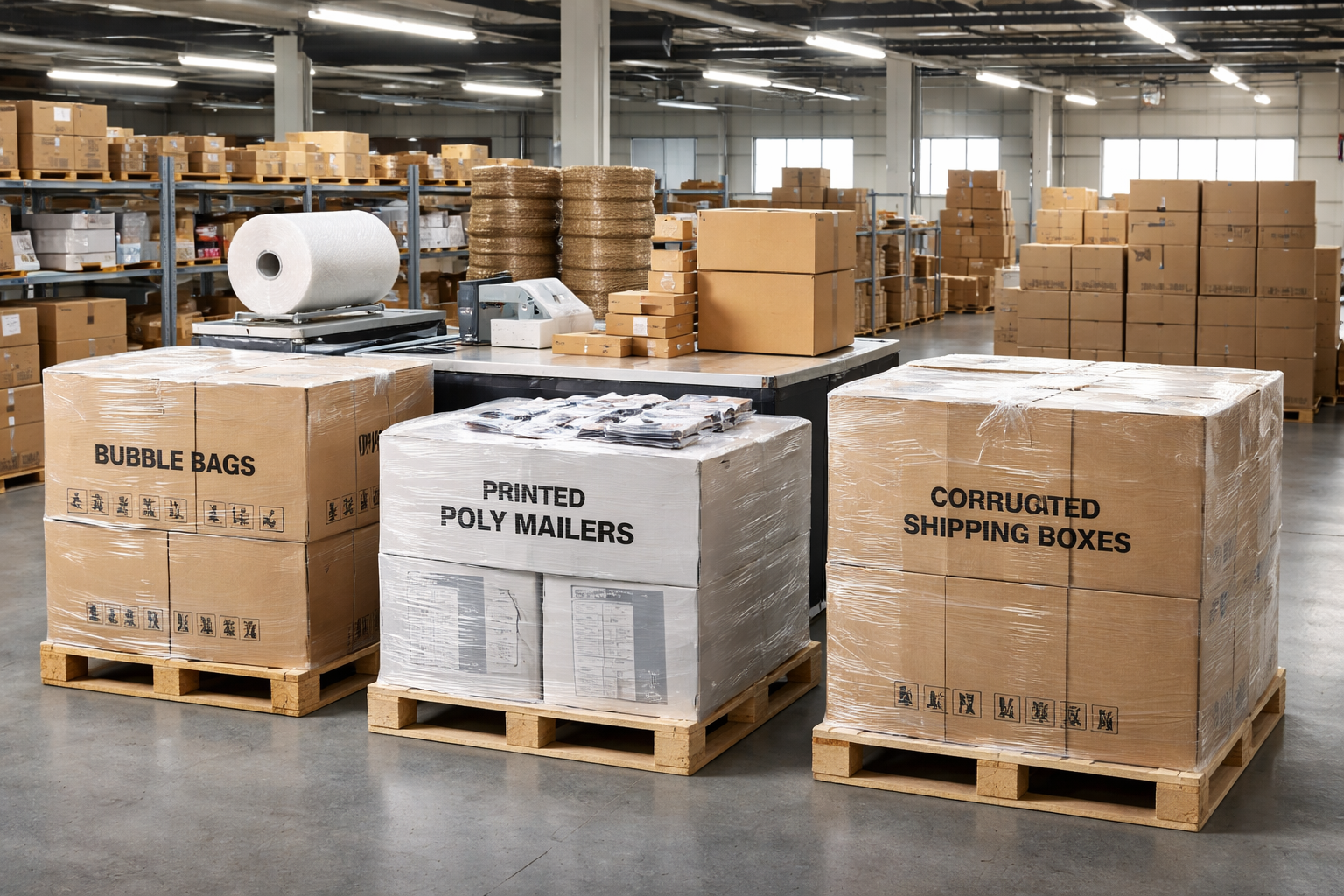 Warehouse-ready pallet layout with visible carton marks for bubble bags, printed poly mailers, and corrugated shipping boxes before export dispatch