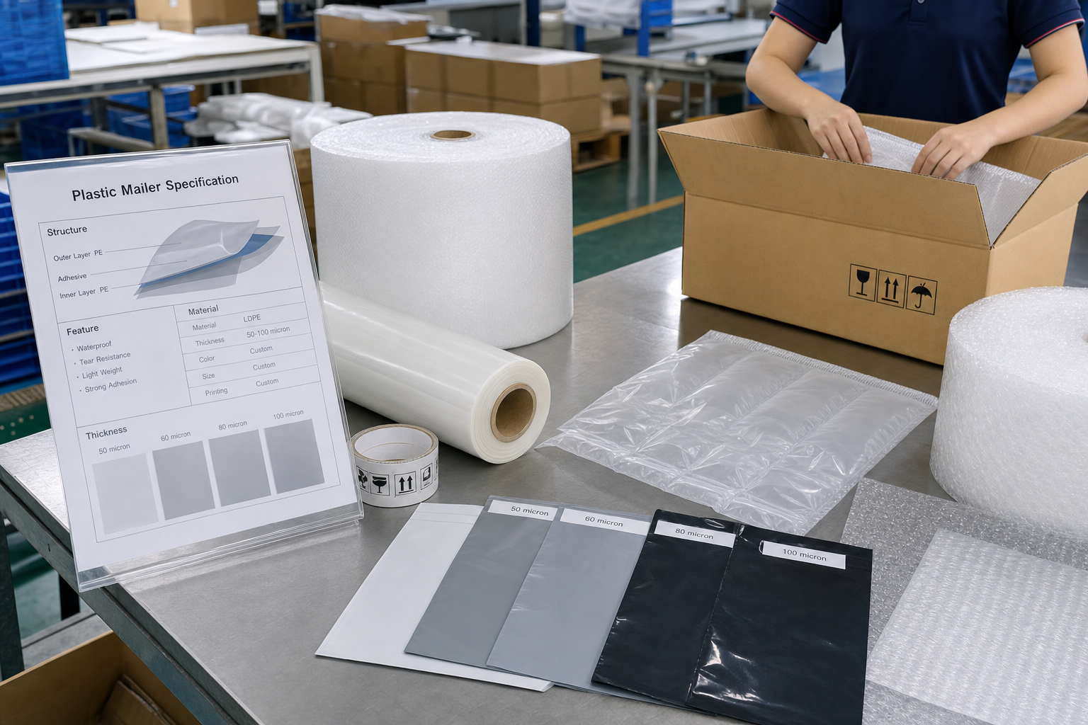 sample-ready plastic mailer specification sheet beside thickness samples and a packing line workstation
