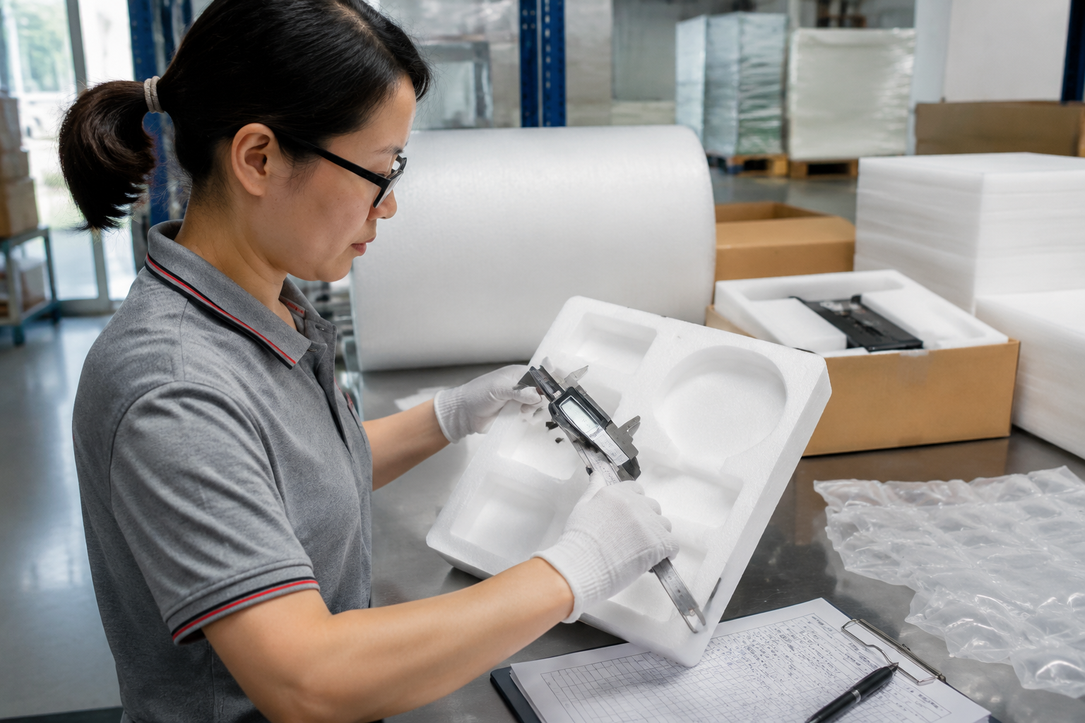 QC inspector measuring custom packaging dimensions with calipers beside an approved production sample