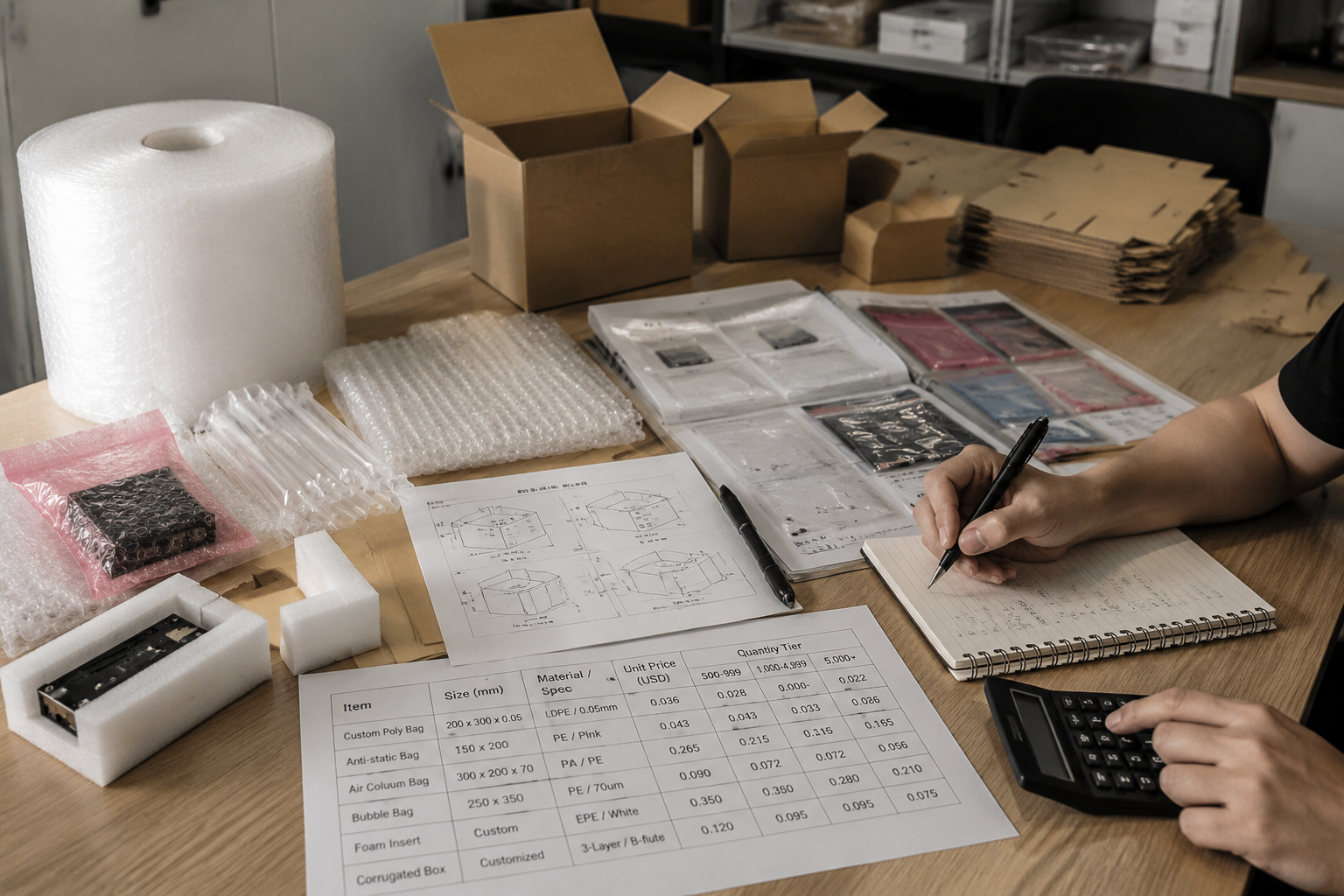 Packaging production planning desk with sample bags, corrugated box mockups, quotation notes, and quantity tier sheet