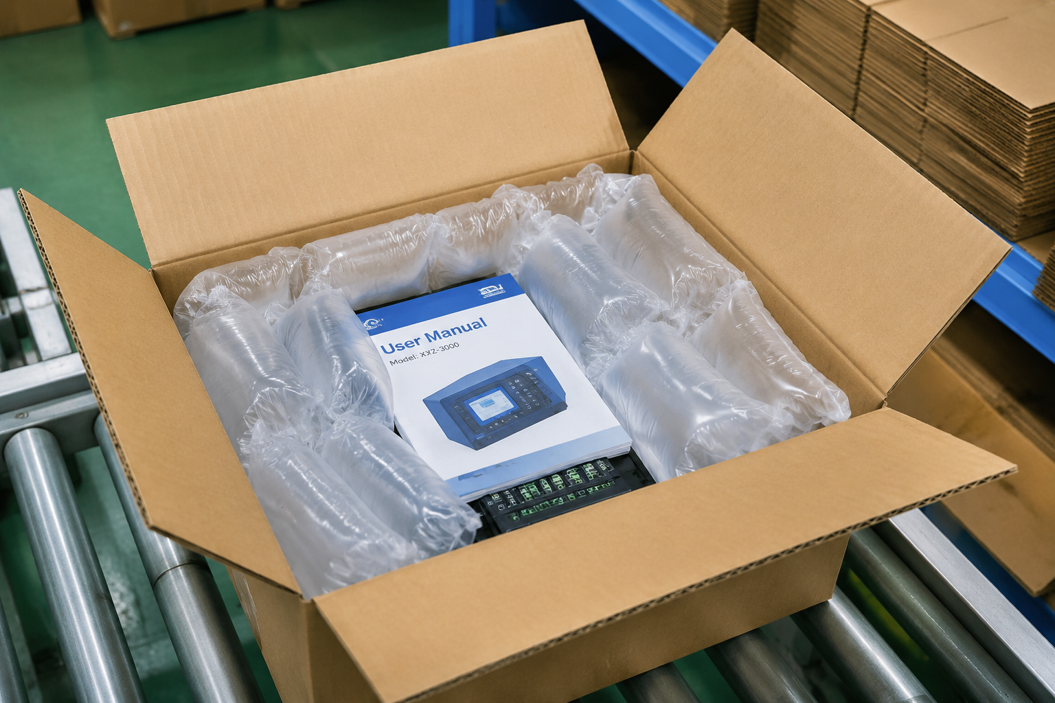 corrugated shipping box with electronics kit manual and air pillow film used as carton void fill