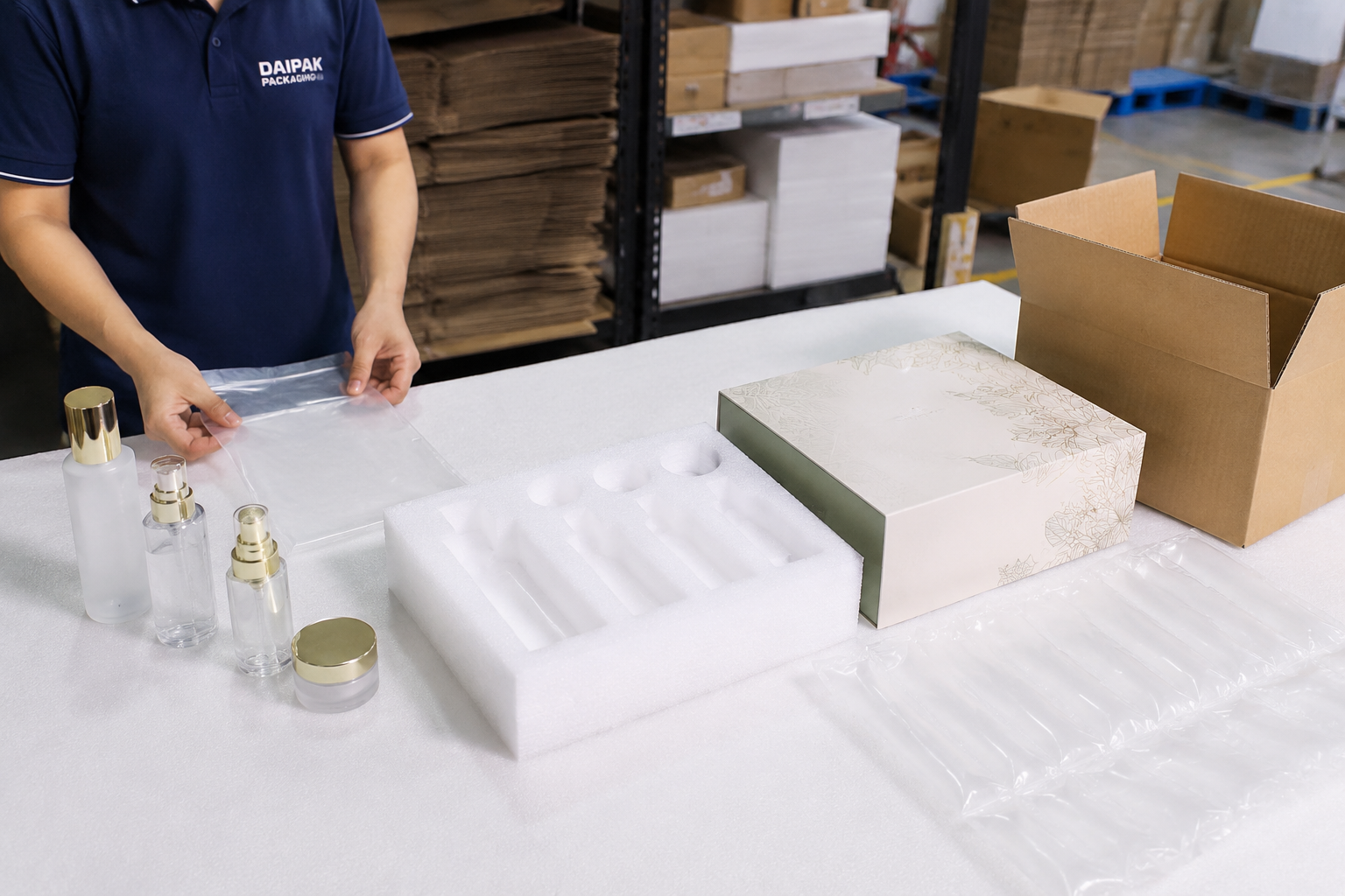 factory sample approval table showing cosmetic bottles, clear poly bags, custom EPE foam insert, printed gift box, and export carton arranged in packing order