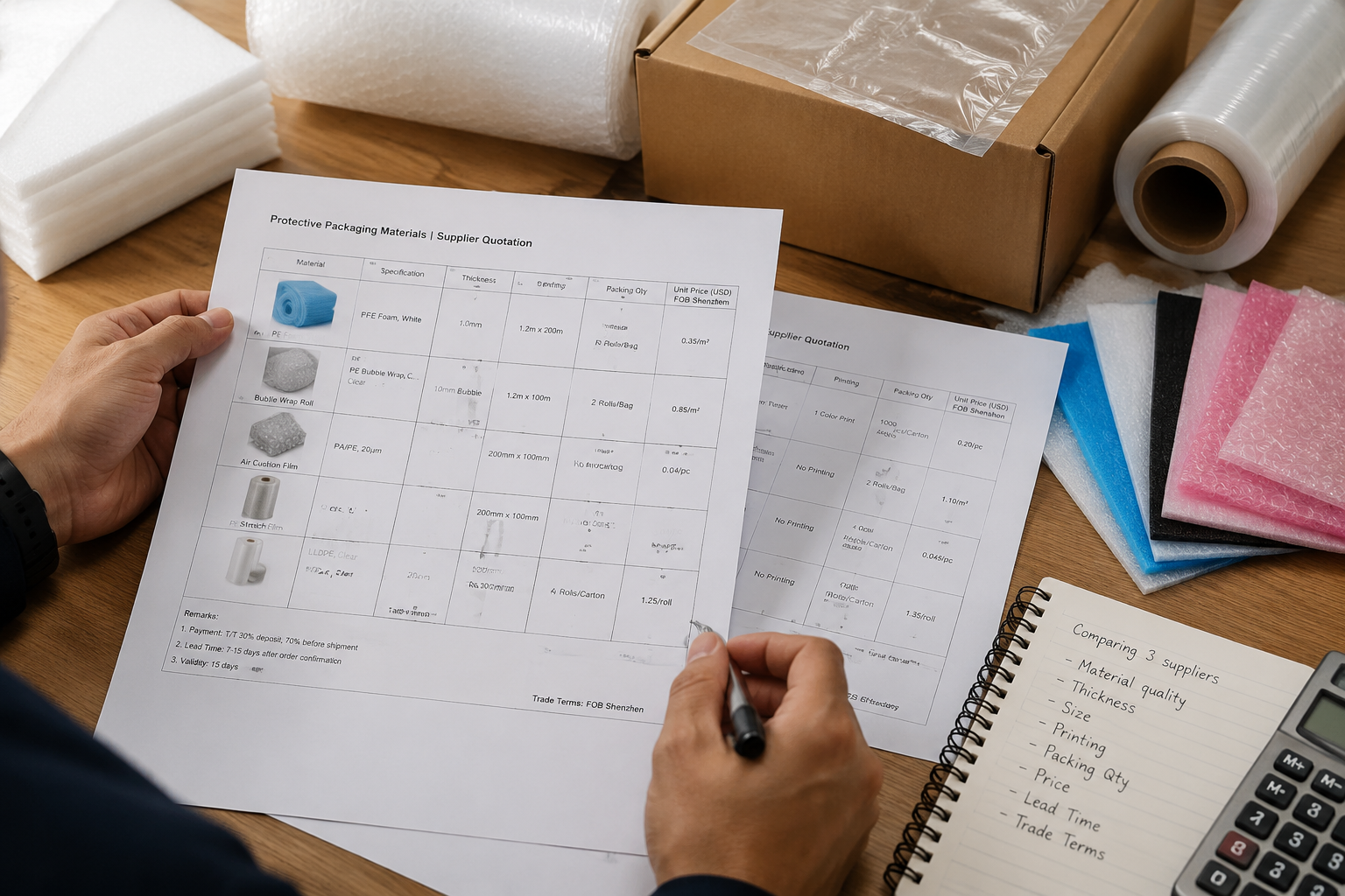 Packaging buyer comparing supplier quotation sheets with highlighted material thickness, size, printing, packing quantity, and trade terms