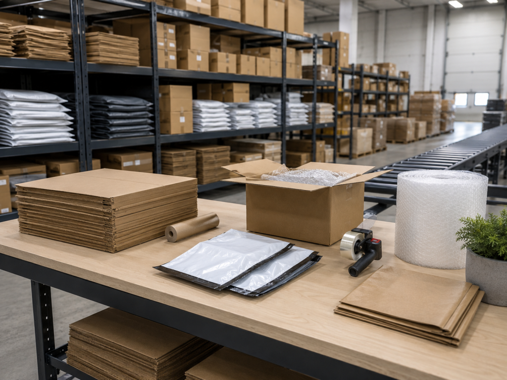 Fulfillment warehouse aisle with stacked corrugated cartons, mailers, and packing materials for e-commerce order processing