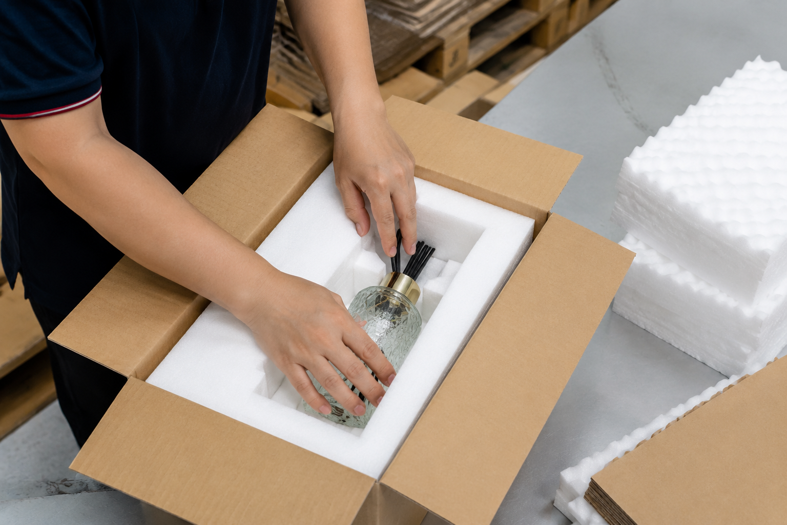 Sample fitting photo showing capped glass diffuser bottle seated inside a foam cavity