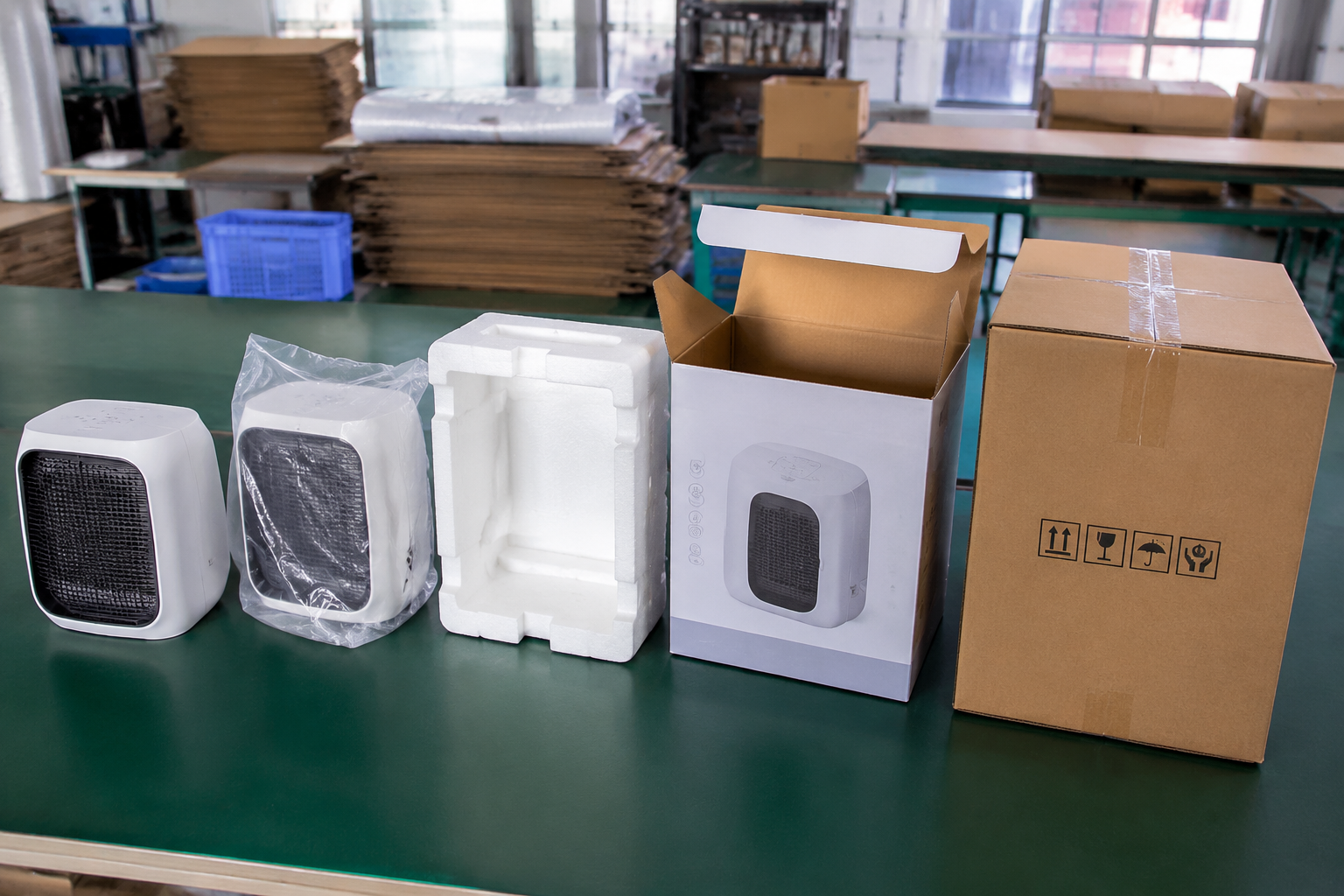Factory sample approval photo record showing product, inner bag, foam insert, retail box, and outer carton