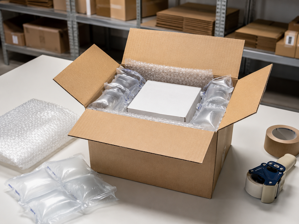 E-commerce carton packing with bubble sheets, air pillows, and inner protective materials for product protection