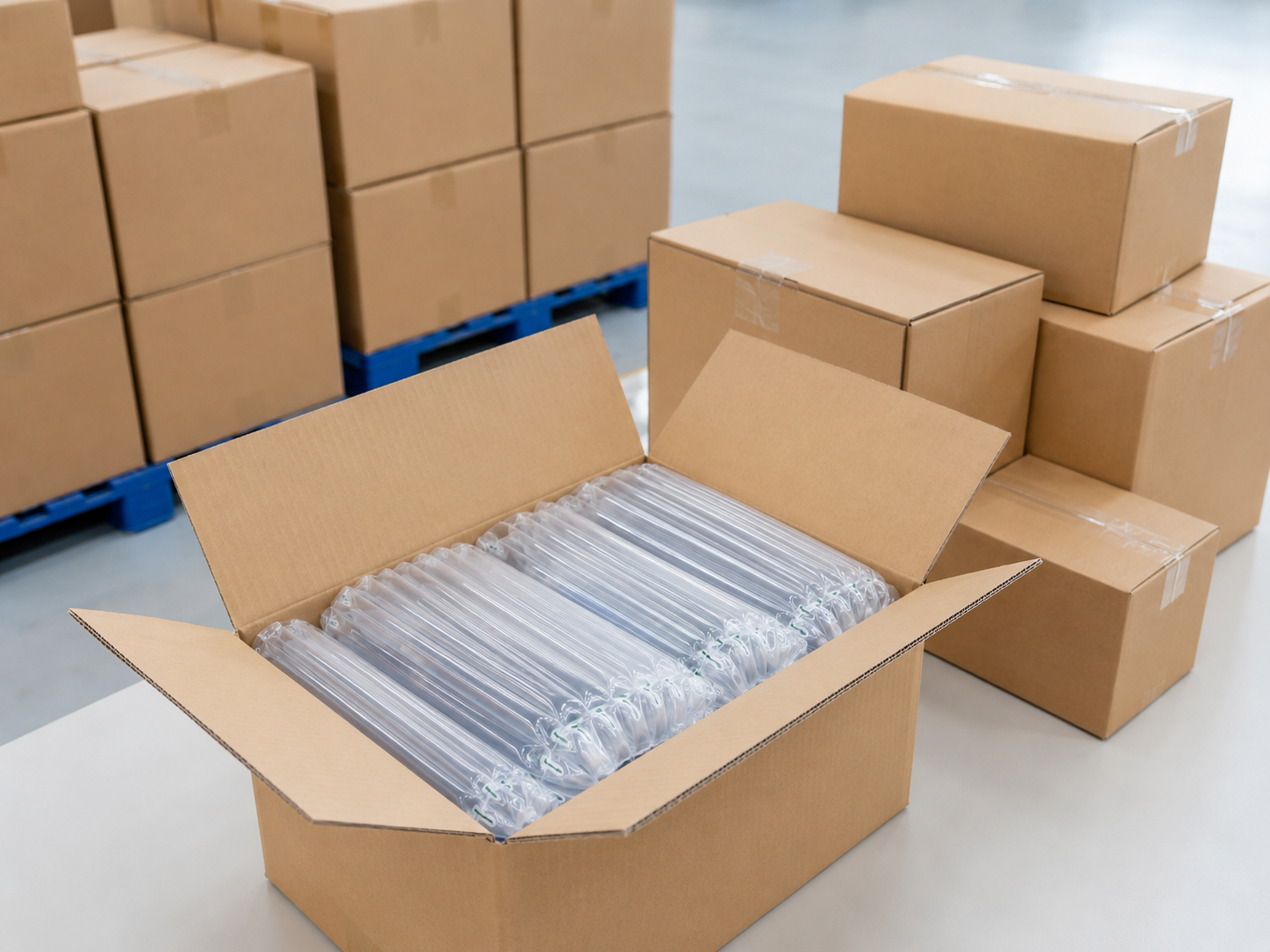 Air column bags prepared for export carton packing and long-distance shipping.