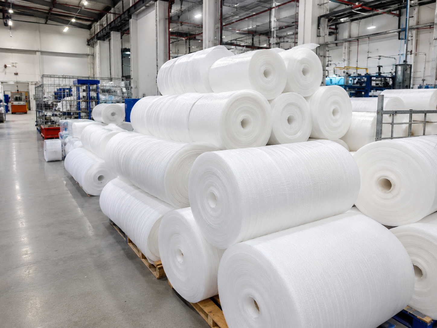 Daipak foam packaging rolls in a warehouse for custom packaging and export orders.