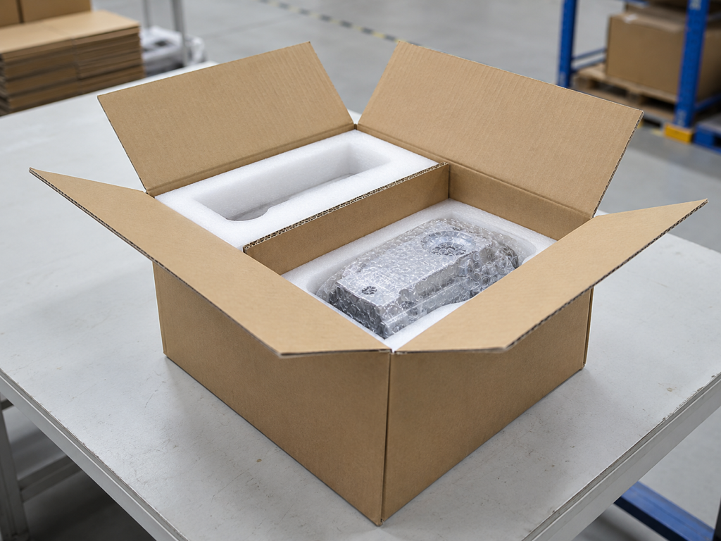 Custom corrugated box with foam insert, divider, and protective wrapping for fragile product packaging