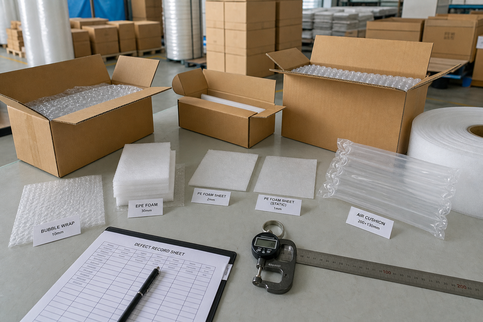 pre-shipment packaging inspection table with opened cartons, labeled samples, ruler, thickness gauge, and defect record sheet
