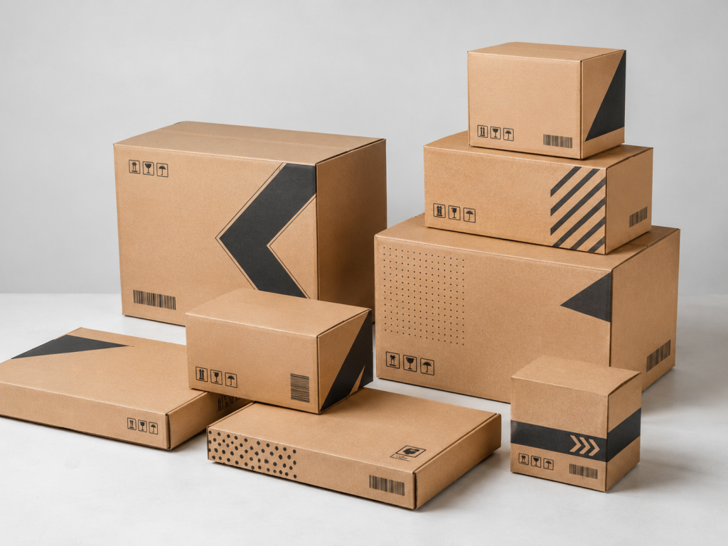 Printed corrugated shipping box samples showing branding, product identification, and shipping use