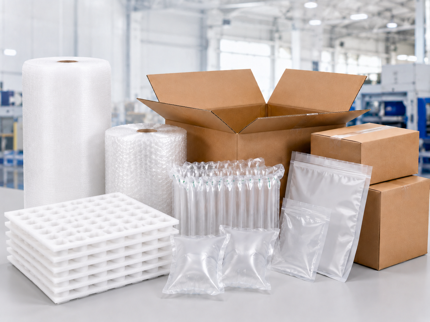 Daipak packaging materials including EPE foam, bubble wrap, air cushion packaging, plastic bags, and corrugated boxes for overseas buyers.