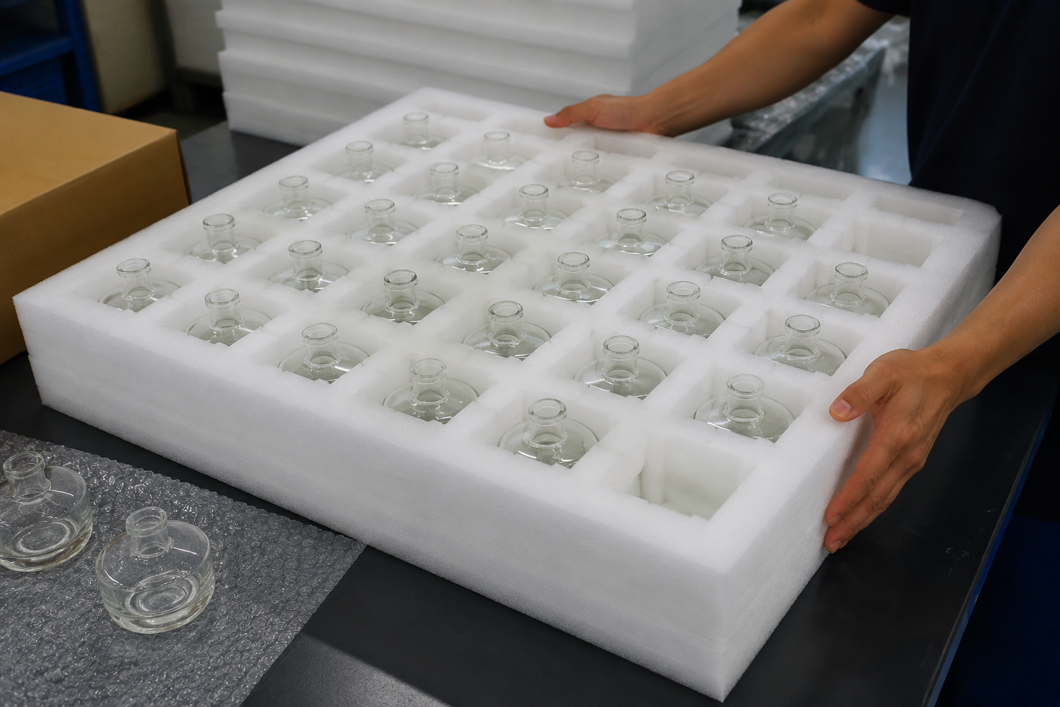 Custom EPE foam bottom tray with separated cavities holding 120 ml glass diffuser bottles for export packing