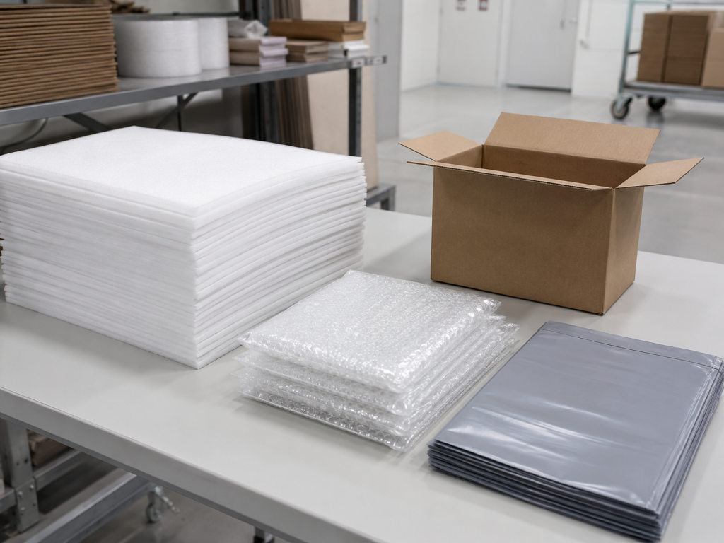 Pre-cut sheets, bubble bags, and inner liner bags organized for faster warehouse packing
