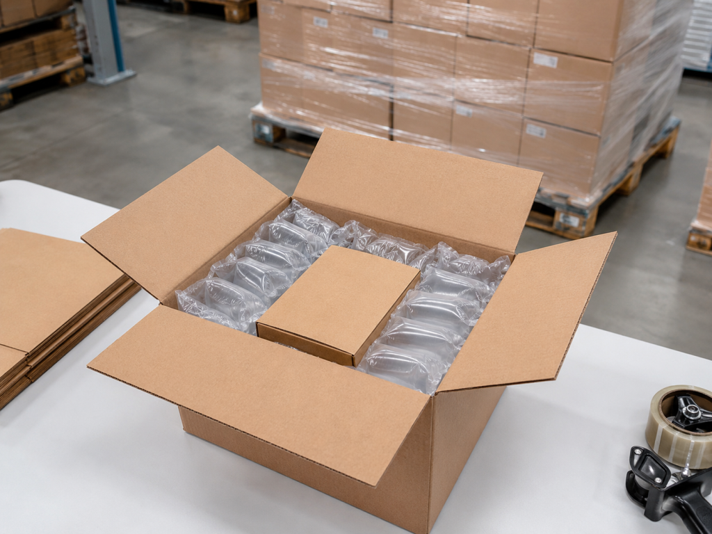 Right-sized shipping carton with air pillows and palletized boxes for warehouse packing efficiency