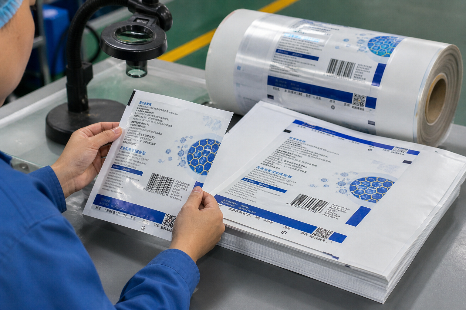 close-up comparison of approved printed packaging sample and bulk production piece on a QC table showing color, barcode, and registration inspection